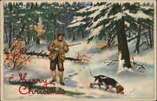 Christmas Hunter with Hunting Dog Hound and Gun Rifle c1910 Vintage Postcard picture