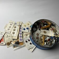vintage Cookie tin w/large lot of sewing buttons Some On Cards Tools picture