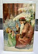 Antique Tuck's Postcard Christmas Santa Maroon Long Robe Girl Postmark 1909 picture