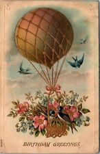 Birthday Greetings Postcard Hot Air Balloon Blue Birds Basket of Flowers picture