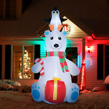 7ft Inflatable Christmas Polar Bear w/ Penguin on Head Candy Gift Box LED Light picture
