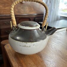 Vintage Beige Brown Ceramic Teapot with Wicker Handle Signed picture