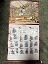 Vintage 1968 Japanese Cloth Calendar Wooden Scrolls on Top & Bottom Woven picture