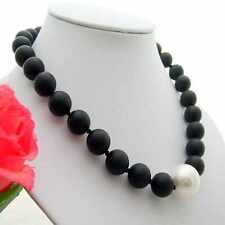 12MM Fashion natural Black Jasper White round Shell Pearl Necklace Pendant picture