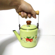 Green enamelware pot camping coffee Tea Kettle Vintage enamel cookware  picture