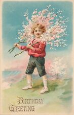BIRTHDAY – Child with Flower Branches - 1906 picture