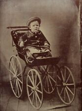 Antique Tintype Adorable Baby Boy Child In Wooden Wheel Stroller Wagon T47 picture