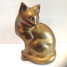 Vintage MCM Large Solid Unpolished Brass Cat Statue Figurine picture