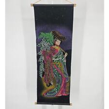 Vintage 1960s Japanese Geisha Wall Hanging Tapestry Velvet Hand Painted Scroll picture