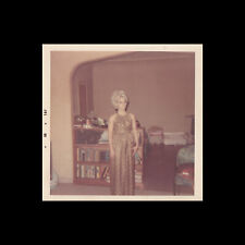 Old Color Photo 1969 BLONDE WOMAN WEARING GOLD DRESS IN LIVING ROOM 