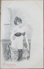 Risque 1902 French Postcard, Woman in Negligee Undressing, Boudoir picture