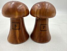 Vintage Wooden Mushroom Salt Pepper Shakers Set Miniature MCM picture
