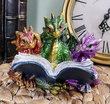 Ebros Metallic Three Bookworms Baby Dragons Reading Wyrmlings Figurine 3.25