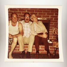 Affectionate Old Men Cuddling Photo 1970s Red Brick Fireplace Underwear B3096 picture