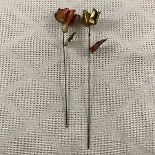 Pair of Vintage Gold & Pink Decorative Metal Copper Brass Rose Stems 12-14in picture