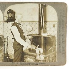 Absentminded Man Making Breakfast Stereoview c1903 Cooking Egg Wood Stove A1827 picture