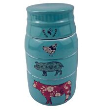Amylee Weeks 4 Stackable Measuring Cups Lid Teal Bee Chicken Pig Cow Hand Made picture