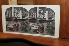 Antique Stereoview Card A Sudden Shower Girl Dumping Water on Baby Umbrella  picture