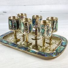Vintage Mexican Silver & Abalone Inlay Tray w Set of 6 Pedestal Shot Glasses picture