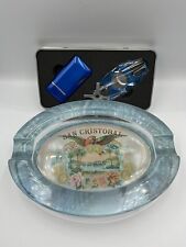 Cigar Ashtray San Cristobal  Blue Oval Glass 8” with Lighter and Cutter Set picture