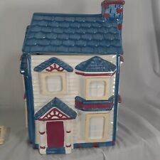 Vintage International Inc 1993 House Cookie Jar Blue White Pink w Picture Frames picture