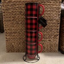 Robert Stanley Home Ceramic Black Red Buffalo Plaid Stacked Mugs With Holder NEW picture