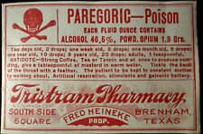 Vintage 1930s TEXAS Poison Pharmacy Label Paregoric OPIUM Brenham Skull picture