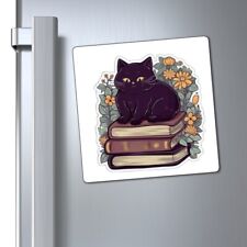 Cute Black Cat on Books Magnet Black Cat Lover Floral Magnet  picture