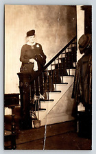 Vintage Photograph Elderly Woman In Dress And Hat Standing On Staircase Of House picture