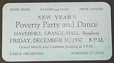 1937 POVERTY PARTY DANCE TICKET HAVERHILL NEW YEAR'S EVE ORCHESTRA LIGHT BLUE picture
