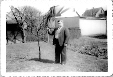 Fat Obese Man Wearing Tight Suit Posing with Tree Snapshot 1940s Vintage Photo picture