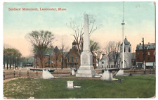 Soldiers' Monument with town view Leominster, MA-c.1910 British antique postcard picture