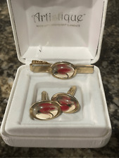 Vintage Anson Red Fly Fishing Bait Cufflinks and Pin Gold Tone Fishermen Fishing picture