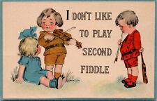 Boy Playing Fiddle Girl Boy Listening Don't Like To Play Second Fiddle Postcard picture