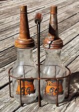 Set of (2) PHILLIPS 66 Motor Oil Bottles with Metal Wire Oil Bottle Carrier picture