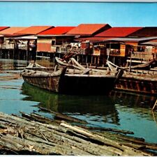 c1960s Penang, Malaysia Riverine Kampong Chrome Photo Postcard Boat Malay A66 picture