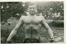 Shirtless Handsome young man hairy chest bulge beach trunks gay vtg photo picture