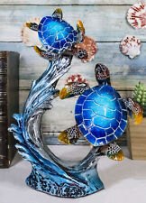 Nautical Blue Sea Turtle And Baby Swimming By Ocean Currents And Waves Figurine picture