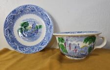 Rare British Anchor Large Cup And Saucer Scenic Blue Made In England picture