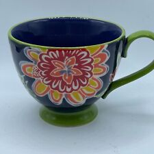 Anthropologie Blue Ceramic Hand Painted Orange Floral Green Handle Footed Mug picture