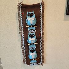 Handmade 3 Googly Eyed Blue Felt Owls Birds on Branch Burlap Wall Hanging Kitchy picture