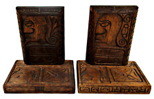 Vintage Wooden Carved Aztec Mayan Bookends Signed El Salvador Central America picture