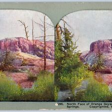 c1900s Mammoth Hot Springs Yellowstone Orange Geyser Litho Photo Stereo Card V9 picture