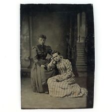 Affectionate Girls Holding Flowers Tintype c1870 Antique 1/6 Plate Photo A3376 picture