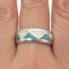 Old Pawn Navajo Sterling Silver Vintage Turquoise & MOP Inlay Band Ring Size 11 picture