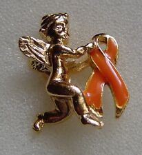 Leukemia/MS Awareness orange ribbon running angel pin, gold plated, USA made picture