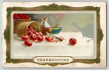 Embossed Thanksgiving still life, table apple pealing, turkey 1916 postcard T-51 picture