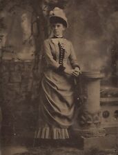 Vintage Antique Tintype Photo Beautiful Young Vogue Lady Girl by Wall Pedestal picture