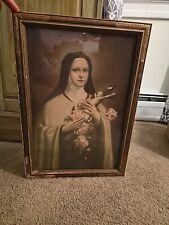 Vintage Framed Saint Therese of Lisieux with Roses & Crucifix 20