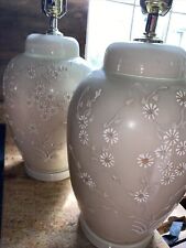 Vintage Cream Glass Applied Flowers  Mid Century Table Lamp. MATCHING PAIR picture